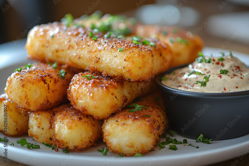 Golden potato wedges with a crispy exterior and soft inside, served with dip