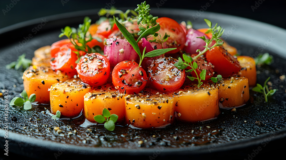 Greek Salad presented on a black textured surface with elegant side garnishing