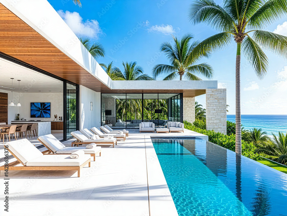 Fototapeta premium Luxury Villa Overlooks Tropical Beach with Infinity Pool