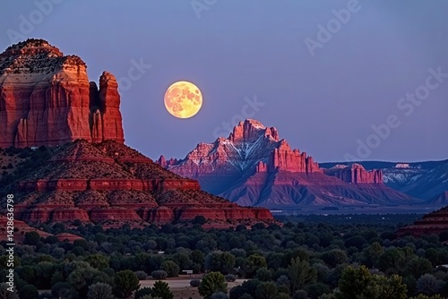 Waxing gibbous moon ascends behind Sedona's iconic sandstone formations , USA, light, shadow