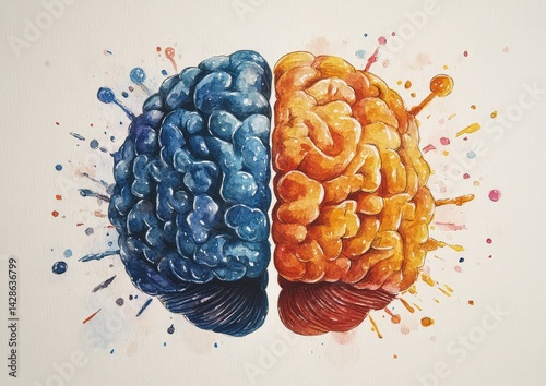 Watercolor painting of a human brain with colorful splatter, illustrating the two hemispheres
