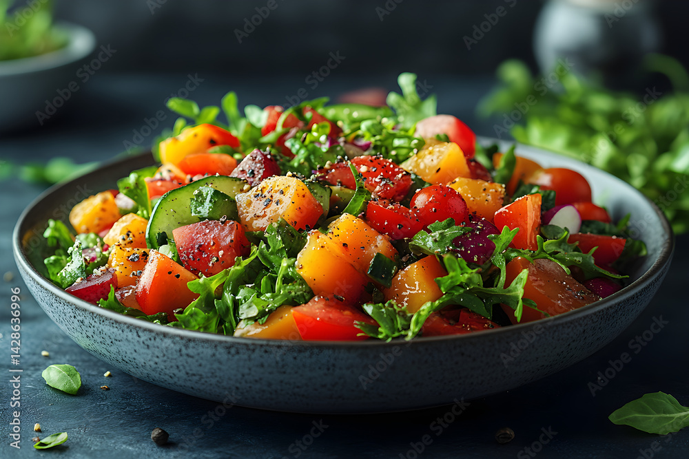 Greek Salad styled on dark grey background with clean plating and props