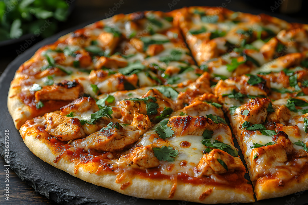 Grilled BBQ chicken pizza with cheese and fresh cilantro on a pizza stone