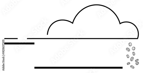 Minimalist cloud with data streams leading to raining coins. Ideal for technology, finance, innovation, digital currency, cloud storage, economic growth, cybersecurity. Flat simple metaphor