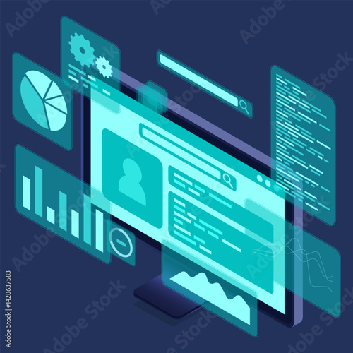 Computer monitor with blue virtual holographic projections with graphs and charts for data analysis. Analytics data on monitor. Web development concept. Isometric technology