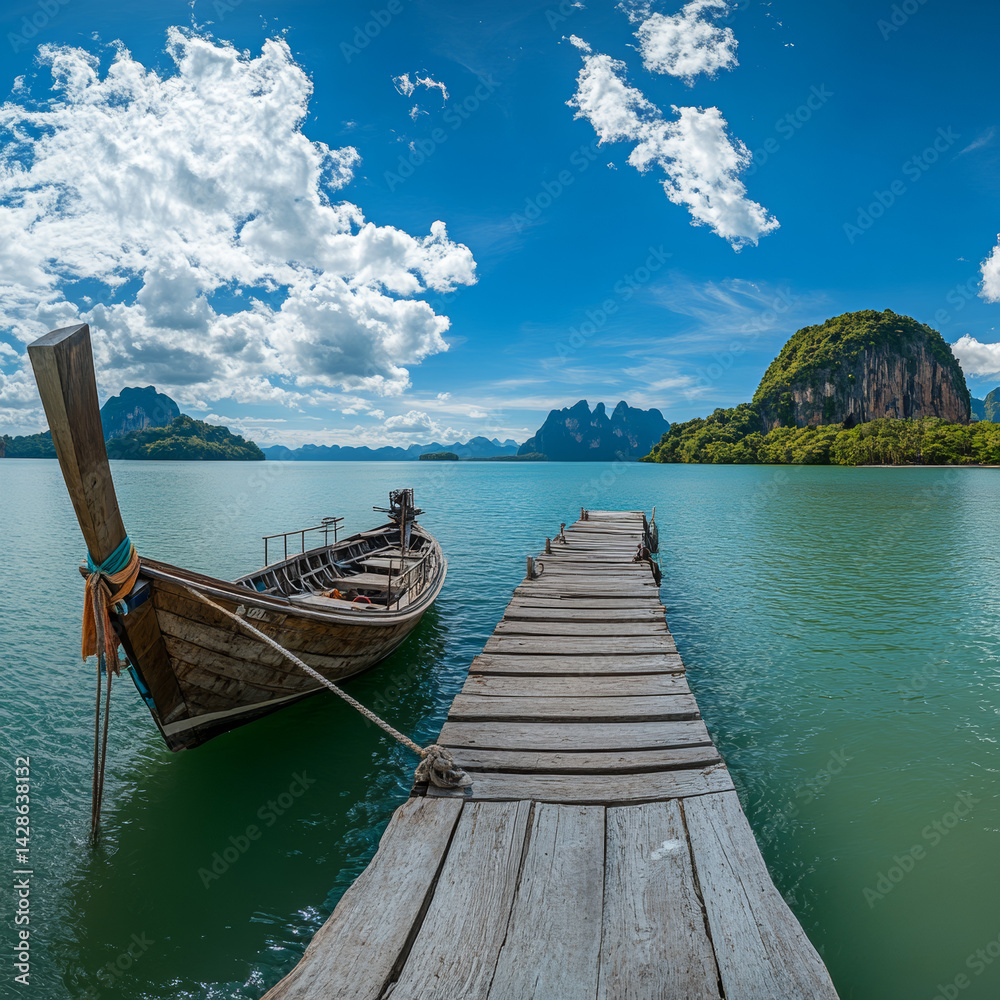 Obraz premium Long-tail boat moored at a peaceful pier in a tropical bay, surrounded by calm waters and limestone cliffs.