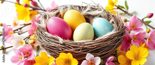 Colorful Easter eggs nestled in a fluffy feather-lined bird's nest, surrounded by spring blossoms on a white background, banner, easter banner