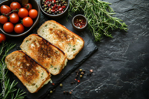 Obraz na płótnie Grilled Cheese Sandwich styled on rustic black stone table with side ingredients w salonie