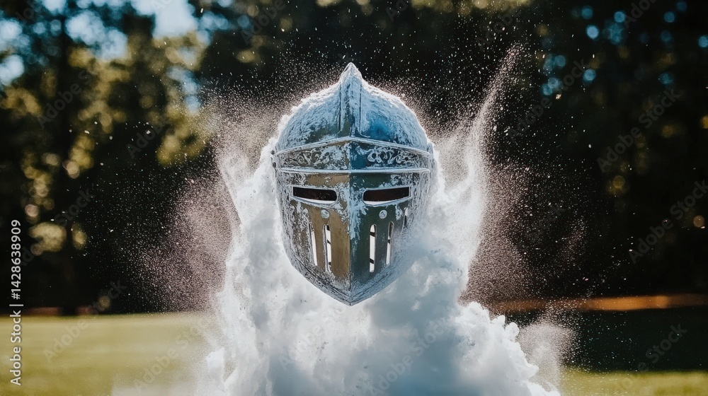 Ancient Warrior Helmet Emerging from Dramatic White Smoke Clouds