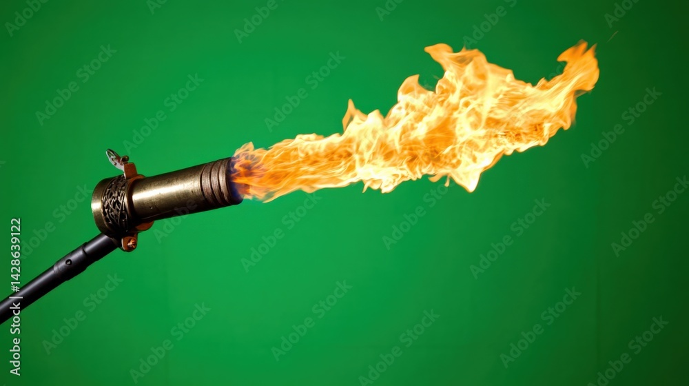 Antique Flame Thrower with Vibrant Fire Against Green Background