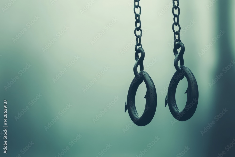 Antique Metal Shackles Hanging in Mysterious Soft Focus Background