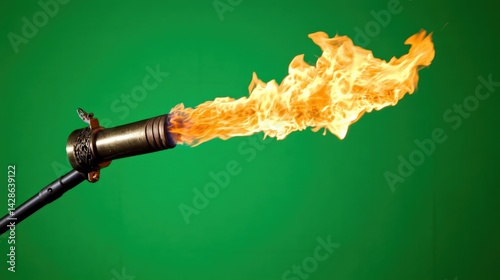 Obraz na płótnie Antique Flame Thrower with Vibrant Fire Against Green Background w salonie