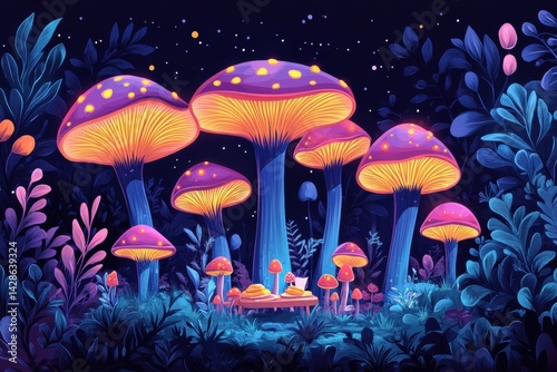 Enchanted forest scene with colorful glowing mushrooms under a starry night sky