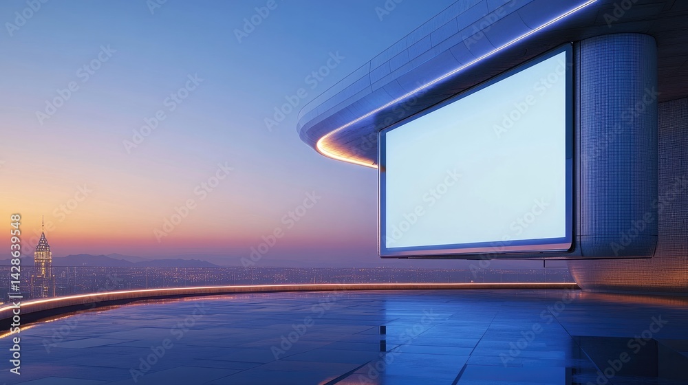 Fototapeta premium Blank billboard on futuristic rooftop with city skyline at sunset.