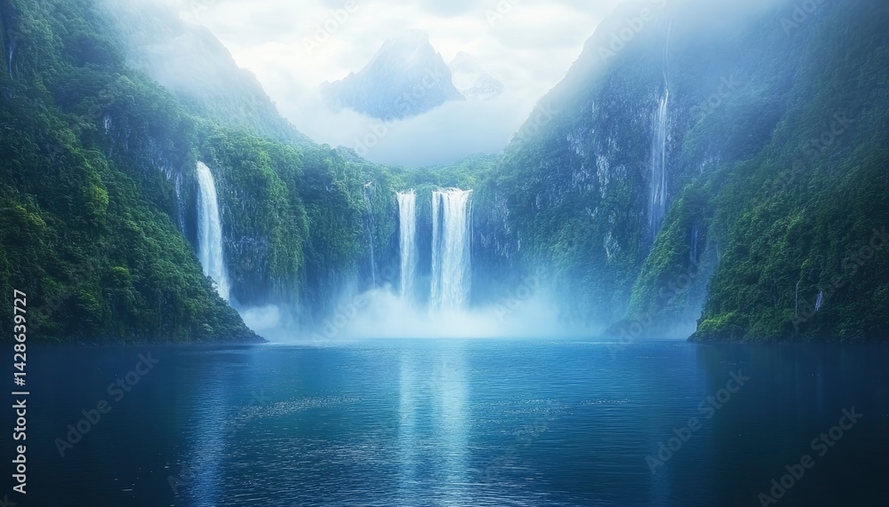 Fototapeta premium A serene landscape featuring majestic waterfalls surrounded by lush greenery and mountains.