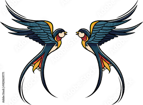 Two flying swallows in traditional tattoo style. Bold outlines and vintage color palette, isolated on white background