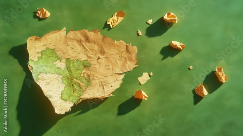 Obraz na płótnie Artistic Illustration of Map Shredded into Island Pieces on Green Background w salonie