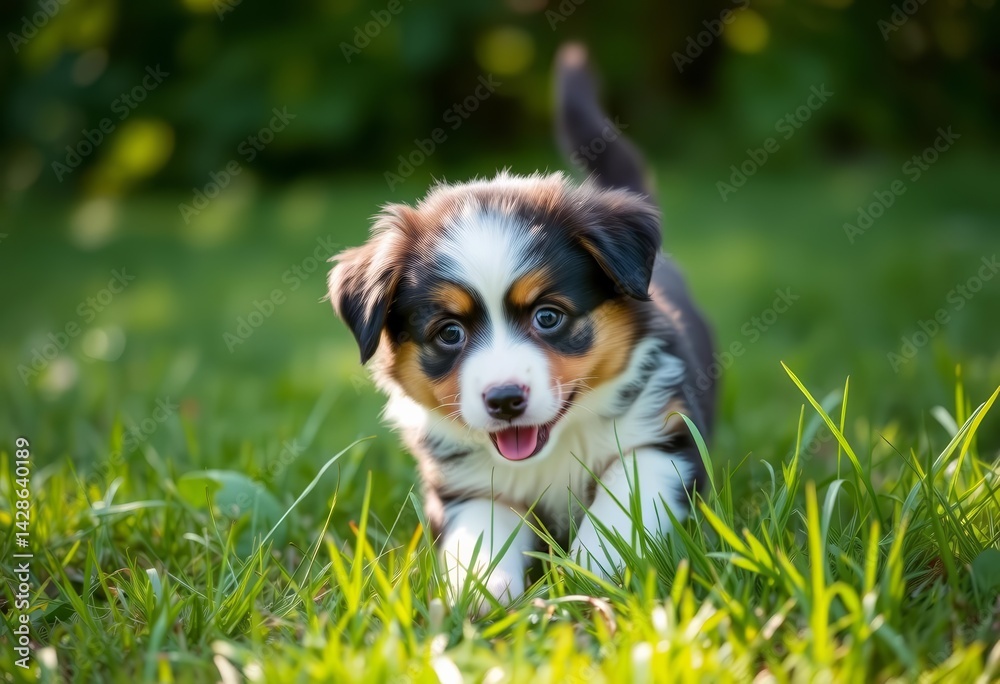 Fluffy Mini American Shepherd puppy playing in summer sun, green grass,  puppy photography, happy