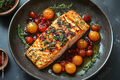 Obraz na płótnie Grilled Salmon styled on dark grey background with clean plating and props w salonie