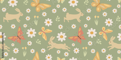 Seamless boho vector pattern with rabbits, butterflies, flowers and leaves in earthy pastel tones. Ideal for textile, kids design, wrapping paper and baby decorSeamless boho vector pattern with rabbit