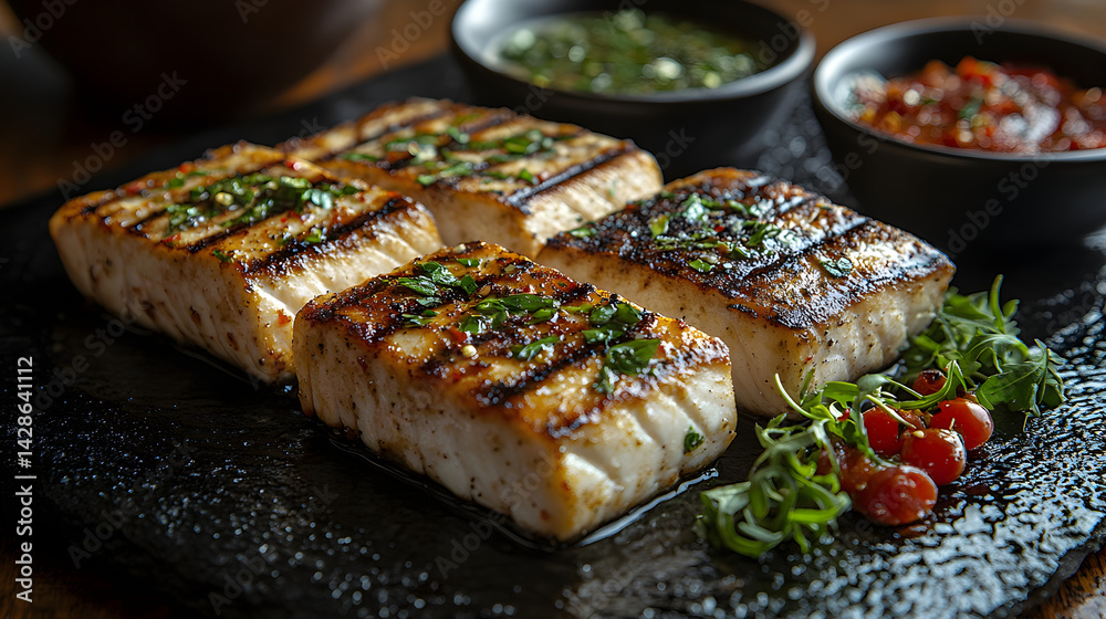 Grilled Swordfish presented on a black textured surface with elegant side garnishing