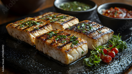 Grilled Swordfish presented on a black textured surface with elegant side garnishing