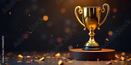 Shiny gold trophy cup award on podium with confetti, style, flat
