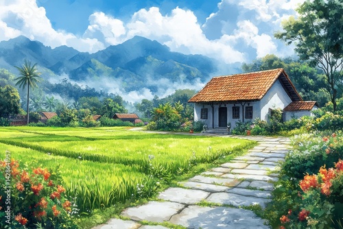 Serene countryside landscape with a quaint house, vibrant flowers, and majestic mountains