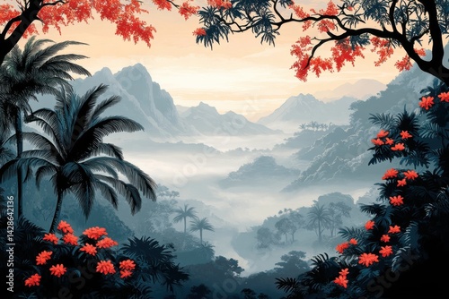 Serene Landscape with Lush Greenery and Vibrant Red Flowers at Dawn in a Mountainous Setting
