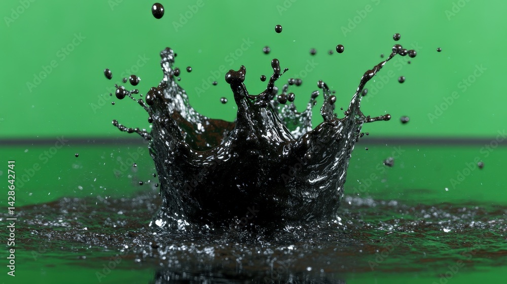 Black Liquid Splash on Green Background Captured in High Detail
