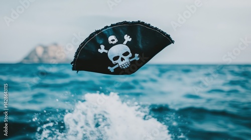 Black Pirate Hat Floating Above Water With Skull Design