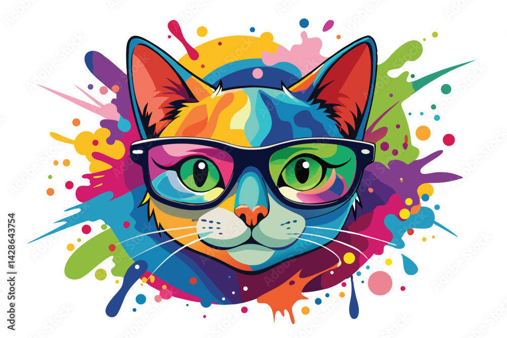 Fototapeta Colorful artistic cat  with colorful paint splatters on white background.
