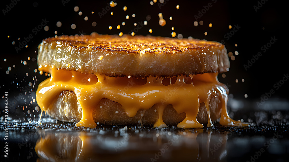 Grilled cheese sandwich with melted cheese spilling out on a dark background