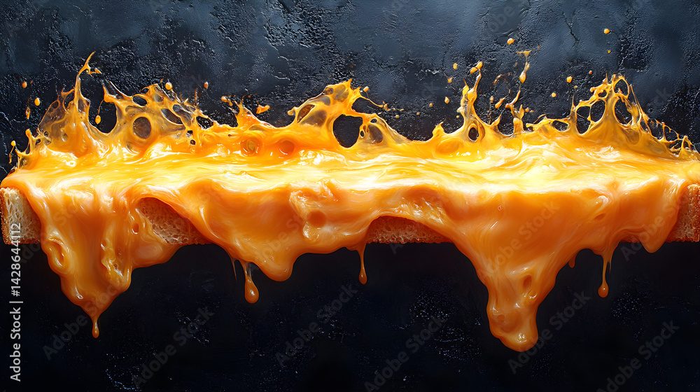 Grilled cheese sandwich with melted cheese spilling out on a dark background