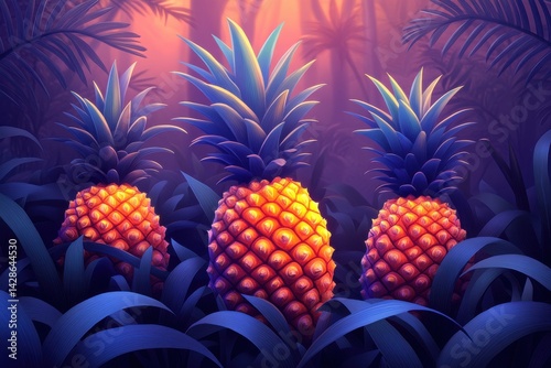 Vibrant pineapples nestled in lush foliage under a mystical forest canopy at dusk