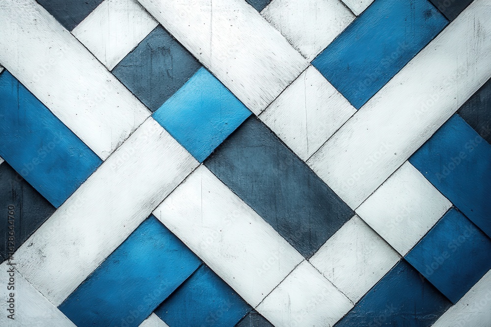 Blue and White Geometric Pattern on Textured Wooden Surface