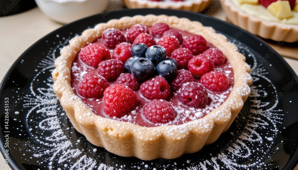 Delicious berry tart with powdered sugar topping Delicious berry tart with powdered sugar topping