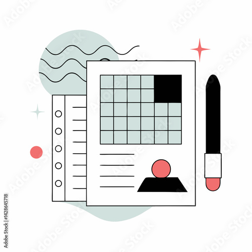 Minimalistic illustration of document with grid, profile icon, and pen, conveying organization and creativity, on white background, commercial use
