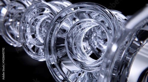 Abstract design of interconnected, reflective, transparent,  rotating mechanical components