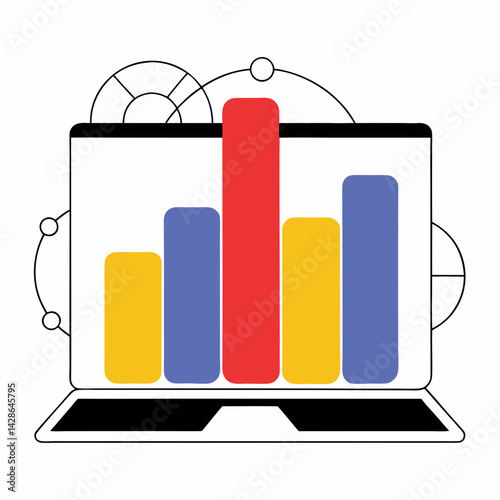 Colorful data analytics illustration featuring laptop displaying bar charts and pie charts, symbolizing data analysis, on white background, commercial use