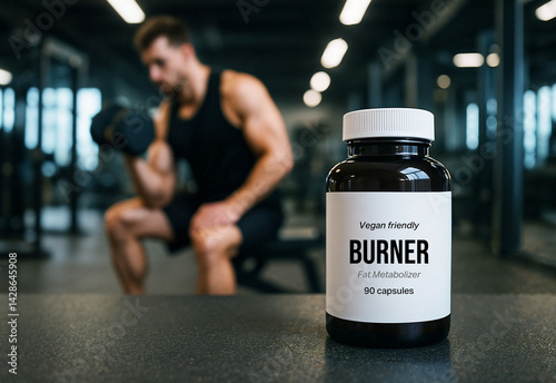 Burner supplement bottle on gym floor with muscular man exercising in the background, health and fitness focus, sports and wellness lifestyle motivation dynamic