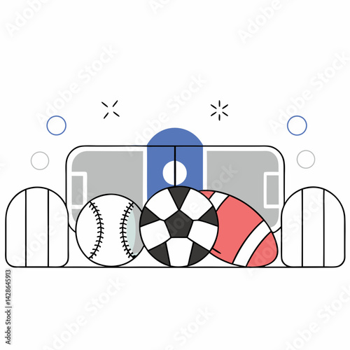 Sports equipment soccer ball baseball rugby ball basketball athletic gear teamwork competition, on white background, commercial use