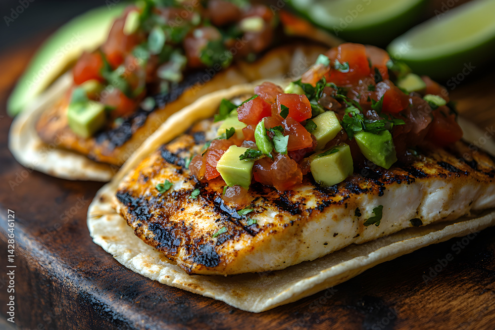 Grilled fish tacos with fresh salsa and avocado on soft tortillas