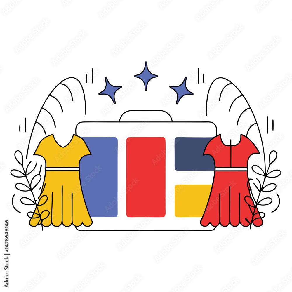 Fototapeta premium Stylish fashion logo featuring colorful dresses and modern design, perfect for trendy brand, on white background, commercial use