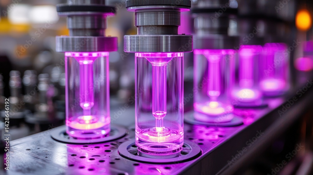 Glowing tubes. Laboratory experiment with purple light Glowing tubes. Laboratory experiment with purple light