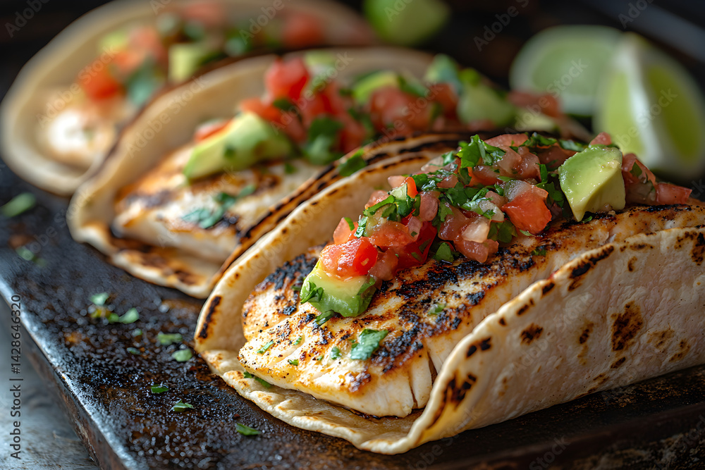 Grilled fish tacos with fresh salsa and avocado on soft tortillas