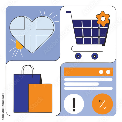 Shopping cart and heart icon with shopping bags, representing e commerce and discounts, creating vibrant shopping atmosphere, on white background, commercial use
