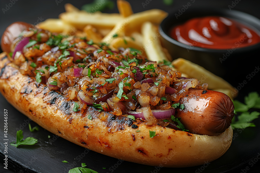 Grilled hot dog with crispy onions and ketchup served with fries