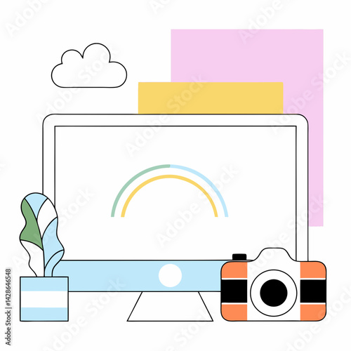 Colorful workspace featuring computer, camera, and decorative plant, creating vibrant and creative atmosphere, on white background, commercial use