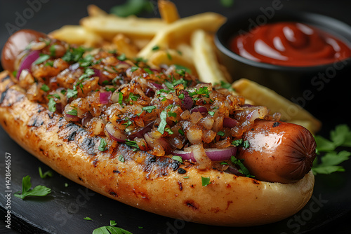 Obraz na płótnie Grilled hot dog with crispy onions and ketchup served with fries w salonie